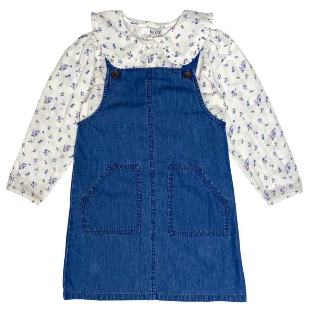 Miso Girls Floral Collared Pinafore Dress / Blue